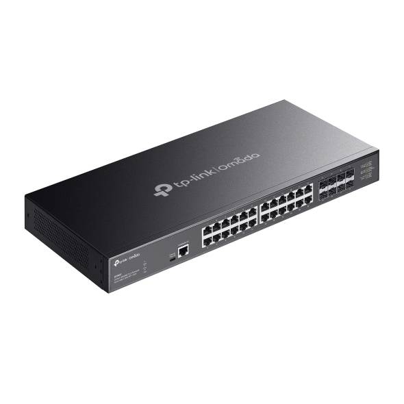 TP-Link Rack-Mount-Netzwerkschalter mit mehreren Ethernet-Anschlüssen auf der Frontplatte.