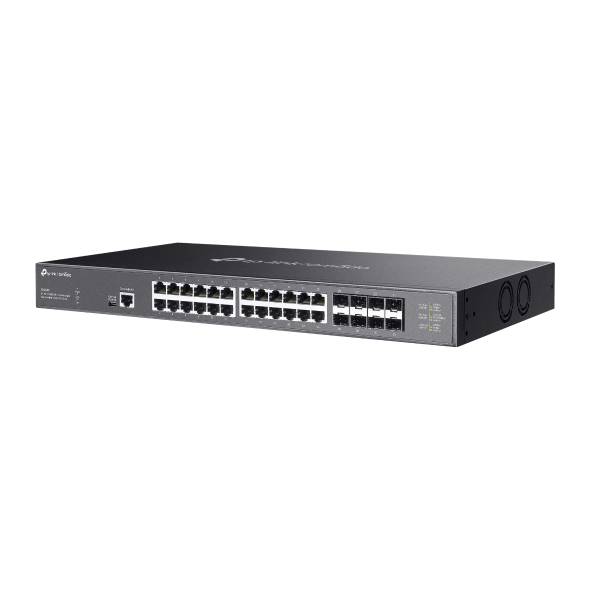 Rack-Ethernet-Switch mit 24 nach vorne ausgerichteten Netzwerkports und Statusindikatoren auf einem dunklen Metallgehäuse.