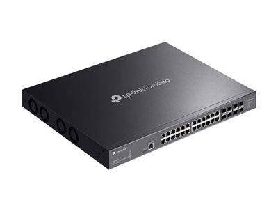 Ein schwarzer TP-Link Omada Netzwerk-Switch mit 24 Ethernet-Ports und LED-Anzeigen, der zum Verbinden und Verwalten von Netzwerkgeräten verwendet wird.