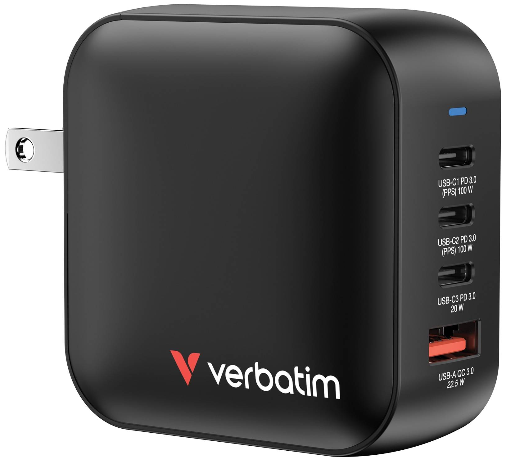 VERBATIM Ladeadapter, Mini GaN, 100W, schwarz, 1x USB-A QC, 3x USB-C PD, Retail