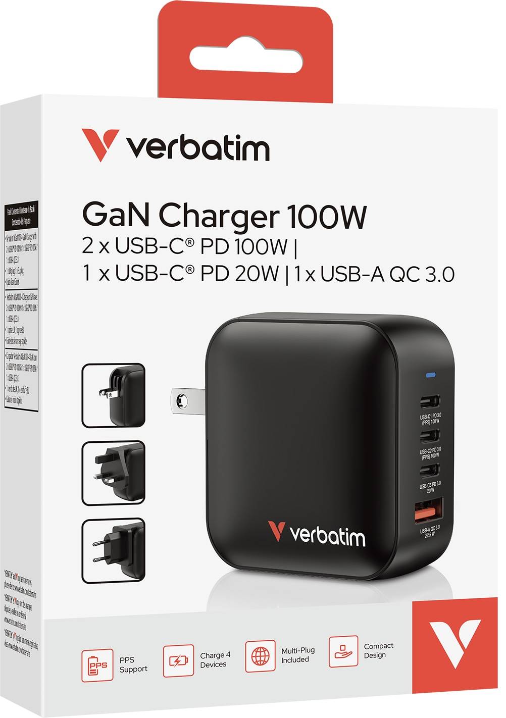 VERBATIM Ladeadapter, Mini GaN, 100W, schwarz, 1x USB-A QC, 3x USB-C PD, Retail
