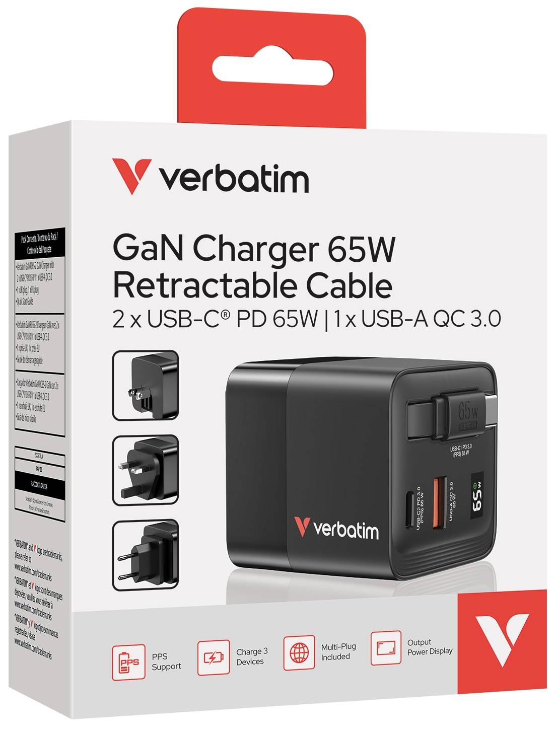 VERBATIM Ladeadapter, GaN, 65W, Retractable, schwarz