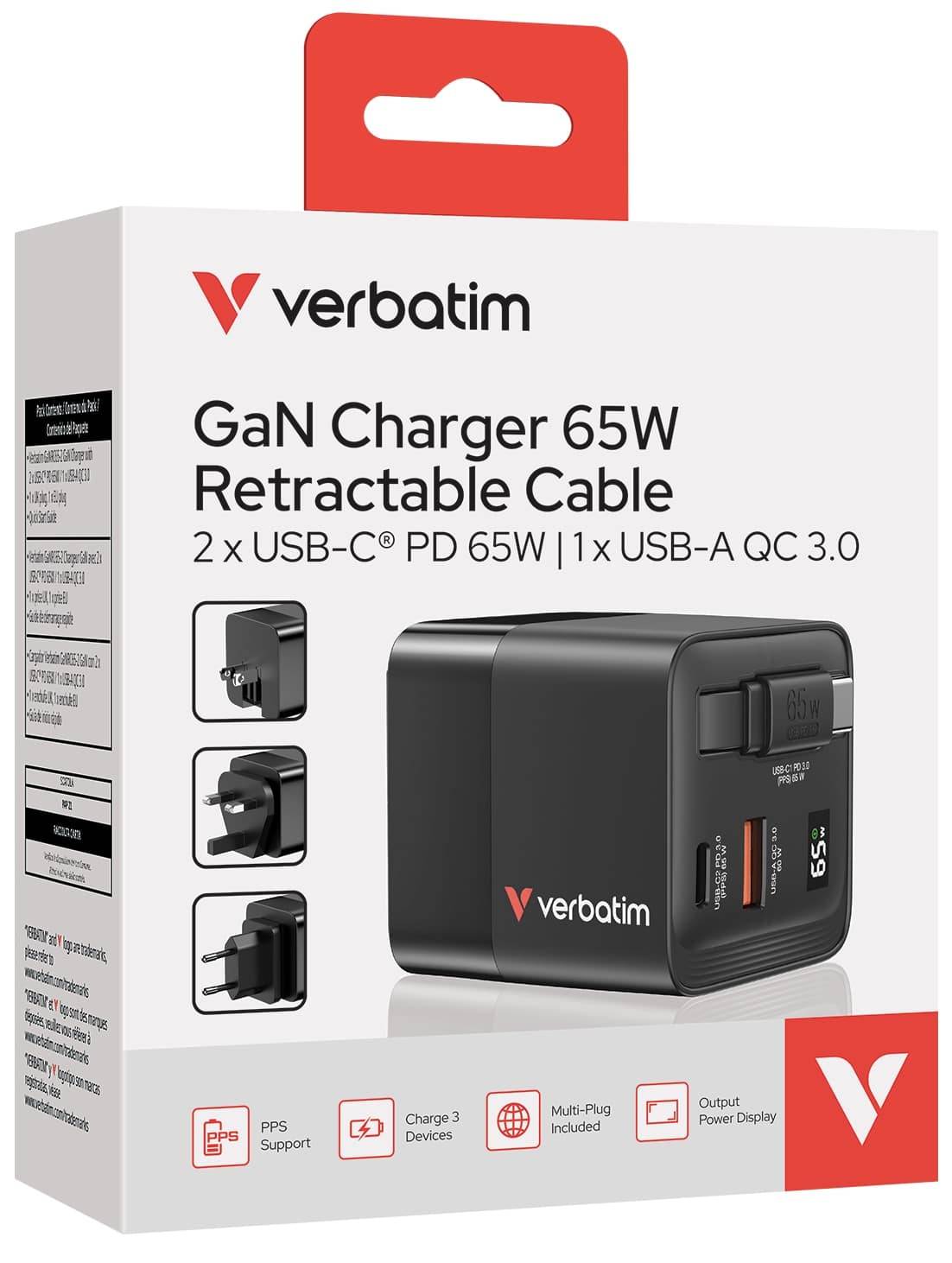 VERBATIM Ladeadapter, GaN, 65W, Retractable, schwarz