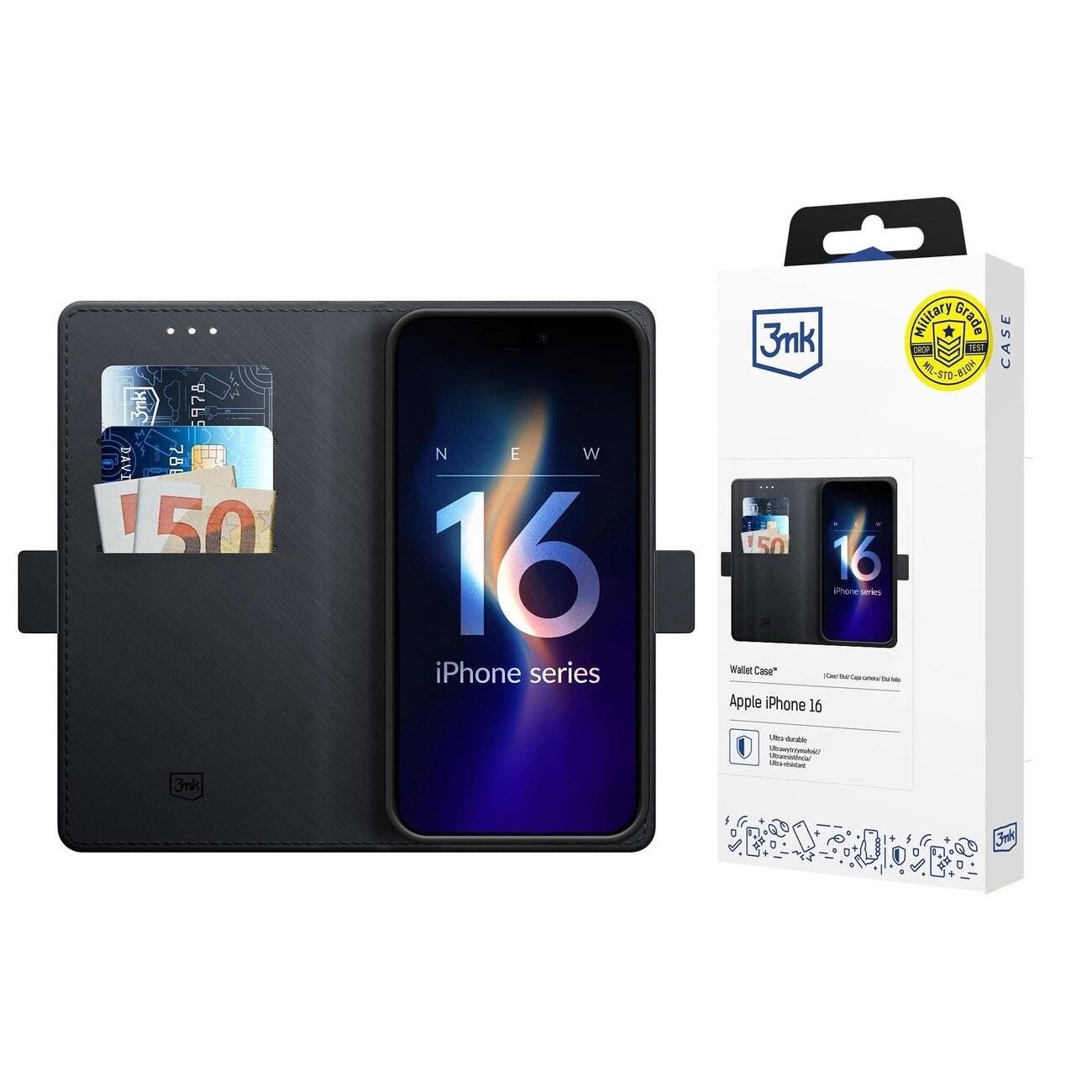 3mk Wallet Case iPhone 16 – Schwarz