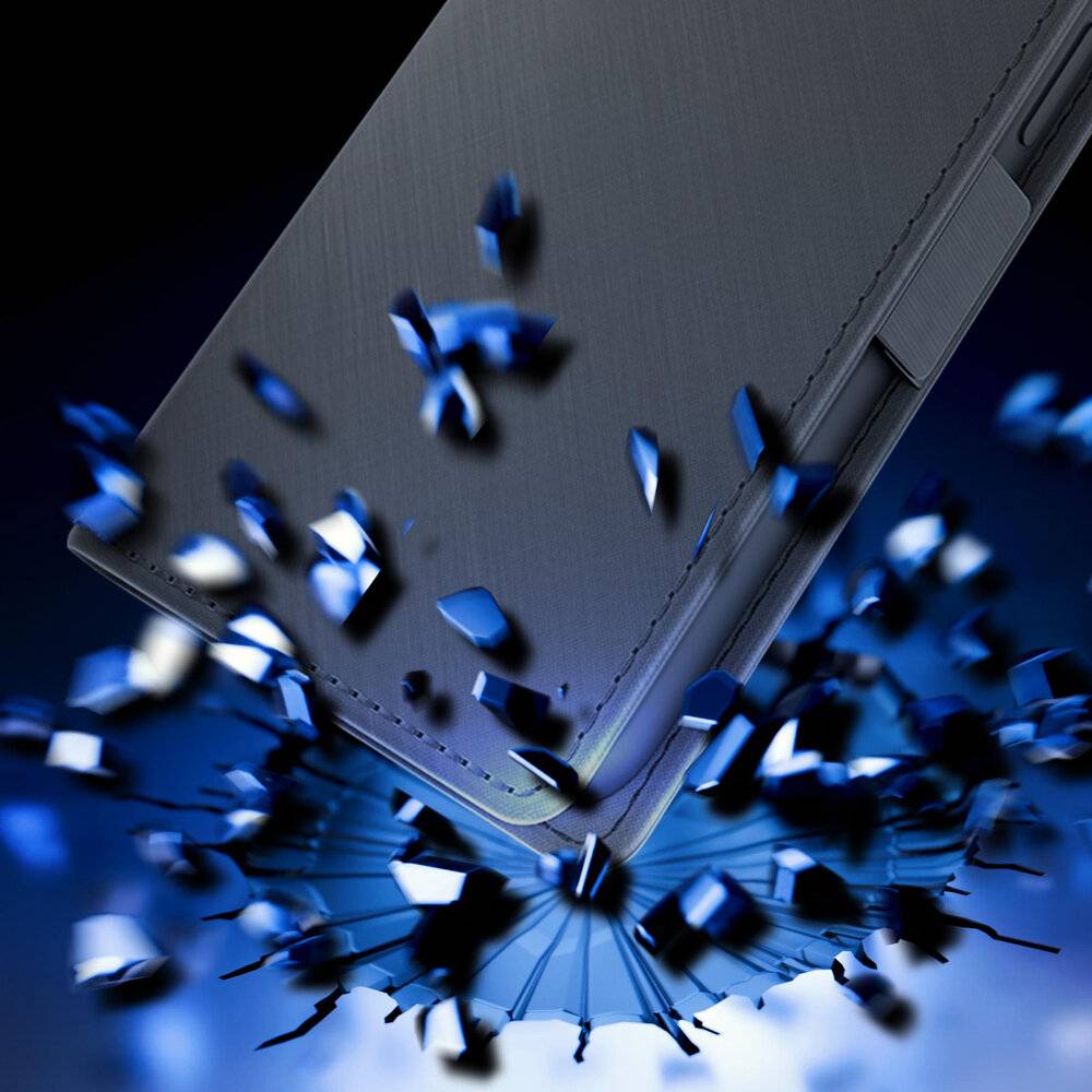 Ein Smartphone zersplitterndes Glas, das Auswirkung oder plötzlichen Bruch darstellt, vor einem unscharfen blauen Hintergrund.