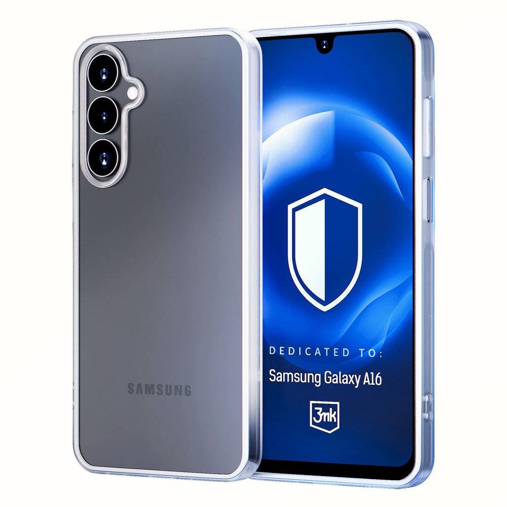 Ein Samsung Galaxy A16 Smartphone wird mit einer transparenten Schutzhülle gezeigt und zeigt einen sicherheitsorientierten blauen Bildschirm mit einem Schild-Symbol.