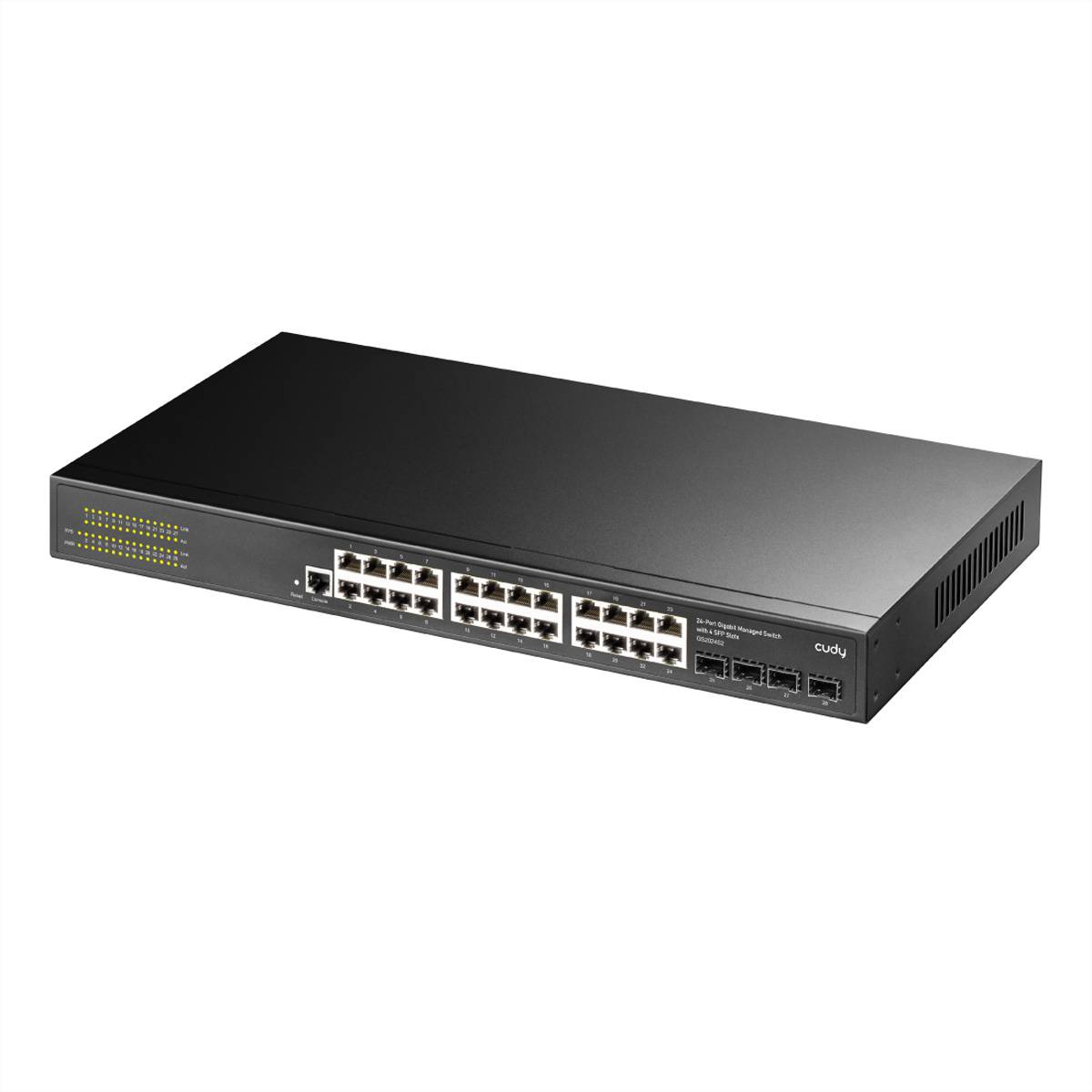 Schwarzer Netzwerk-Switch mit mehreren Ethernet-Anschlüssen auf der Frontplatte, auf weißem Hintergrund dargestellt.