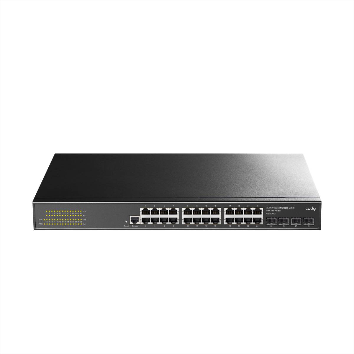 Frontansicht eines Cudy-Netzwerk-Switches mit mehreren Ethernet-Anschlüssen und Status-LEDs auf einem schwarzen Rackmnontage-Gerät.