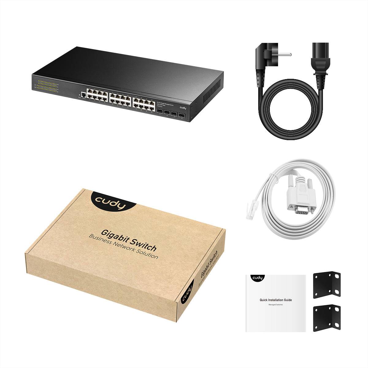 Cudy Gigabit Switch Produktbild mit dem Netzwerk-Switch, Stromkabel, Ethernet-Kabel, Installationsanleitung und Montageklammern.