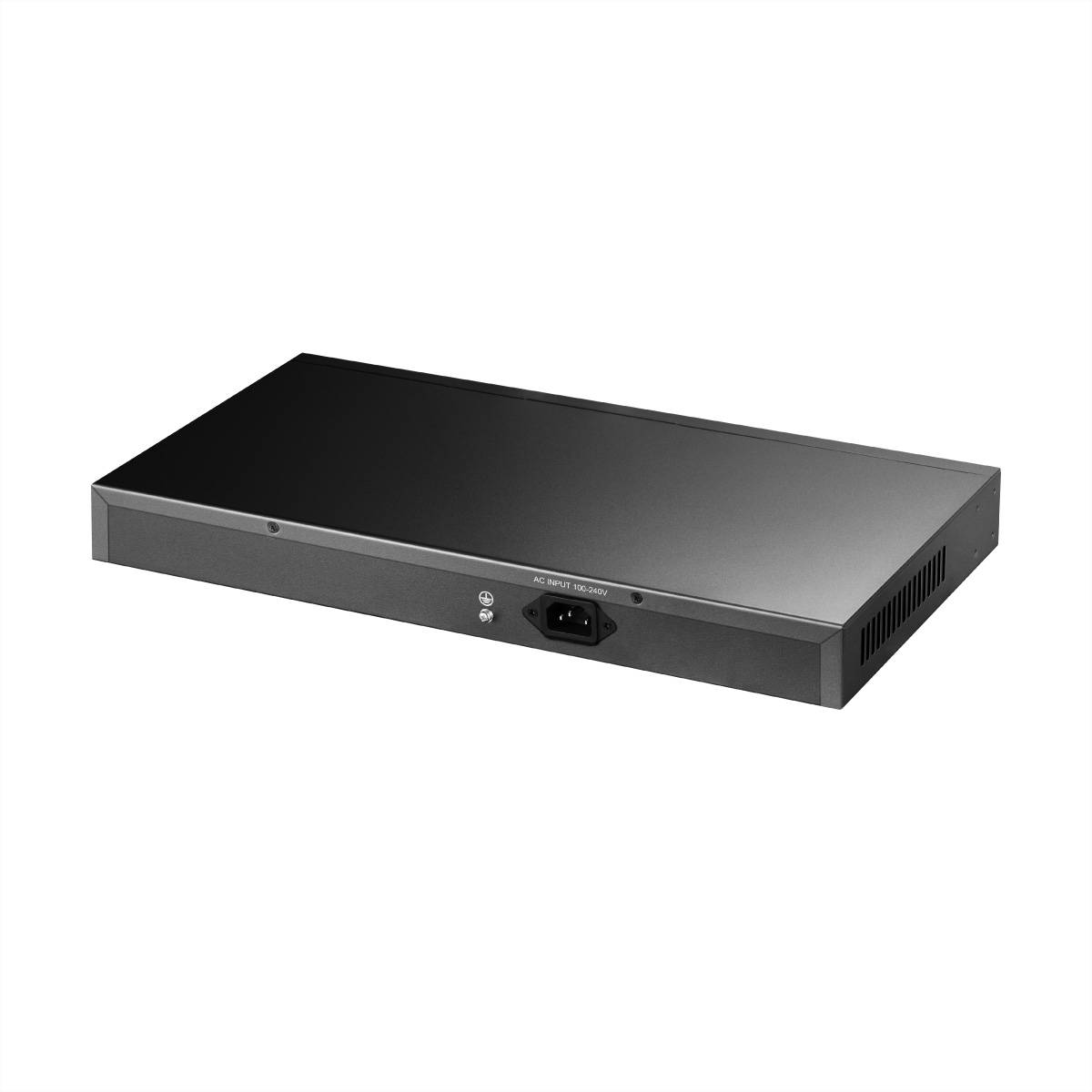 Schwarzes rechteckiges elektronisches Rack-Mount-Gerät mit vorderer Stromversorgung und Lüftungsöffnungen, dargestellt auf weißem Hintergrund.