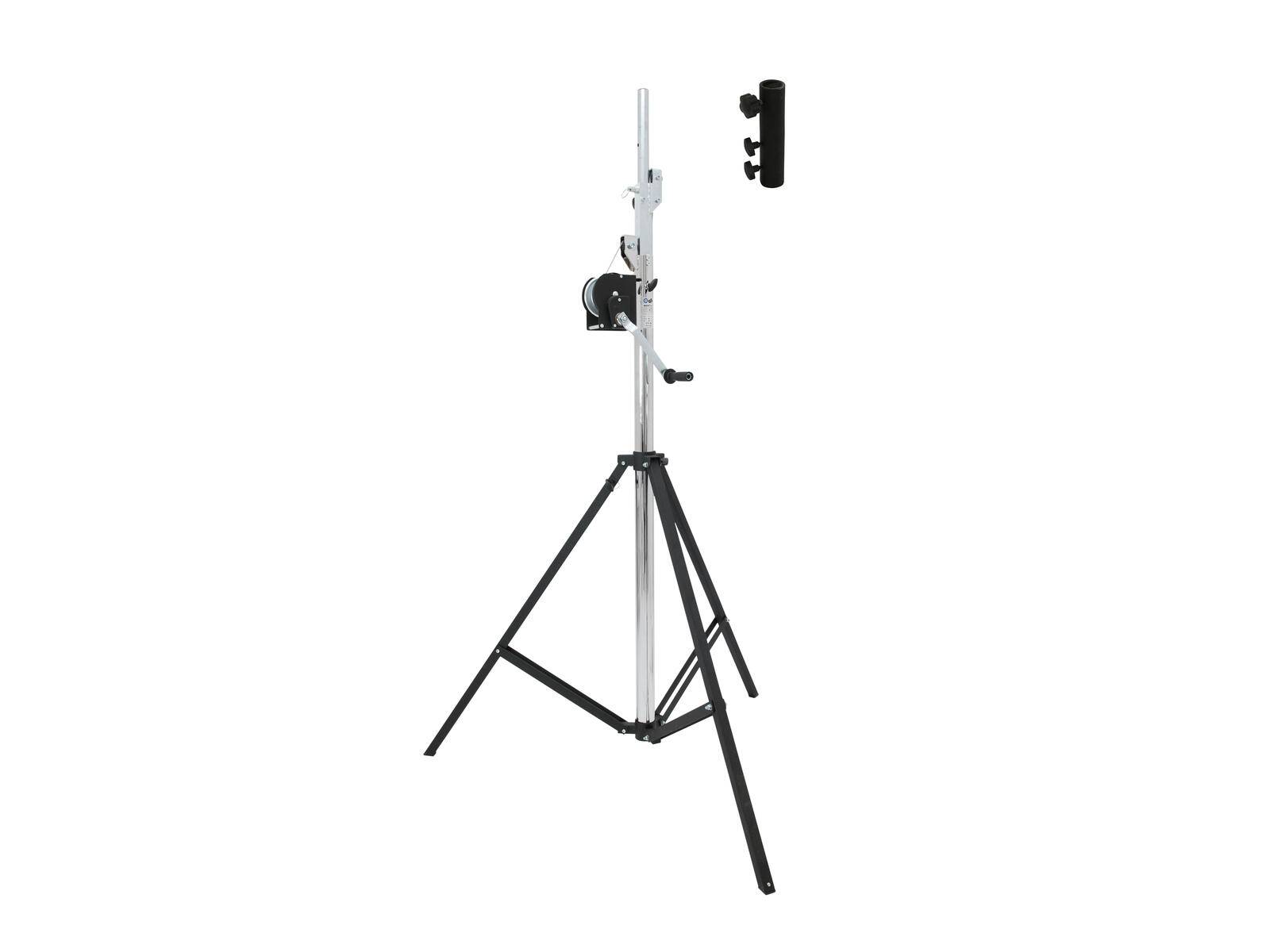 Ein hoher, verstellbarer Stativ in Silber und Schwarz mit einem Kurbelverstellmechanismus zum Anheben oder Absenken von angebrachter Ausrüstung. Ein separates zylindrisches Teil ist abgebildet.