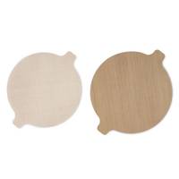 Zwei runde, holzfinish-dekorative Scheiben nebeneinander auf weißem Hintergrund gezeigt, eine hellbeige und eine mitttelbraun.