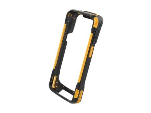 Eine robuste Smartphone-Hülle mit schwarzen und gelben Akzenten, die verstärkte Ecken und Knopfabdeckungen für zusätzlichen Schutz bietet.