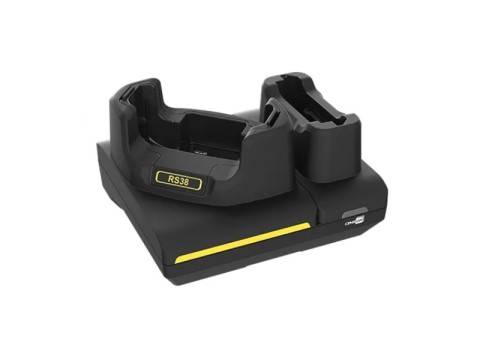 Schwarze Dual-Slot-Ladeschale für RS38-Handgerät, gezeigt auf weißem Hintergrund mit gelber Akzentlinie.