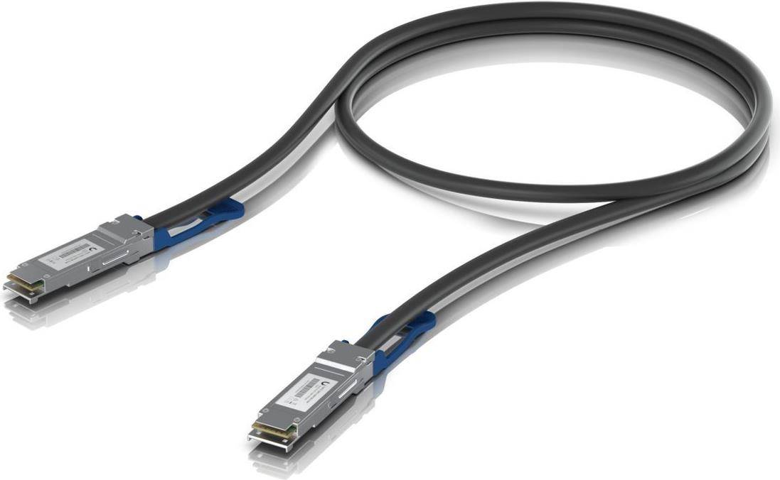 Ein schwarzes DAC-Kabel mit Metallsteckern an beiden Enden, das für hochgeschwindigkeitsbasierte Datenübertragung zwischen Netzwerkgeräten verwendet wird.