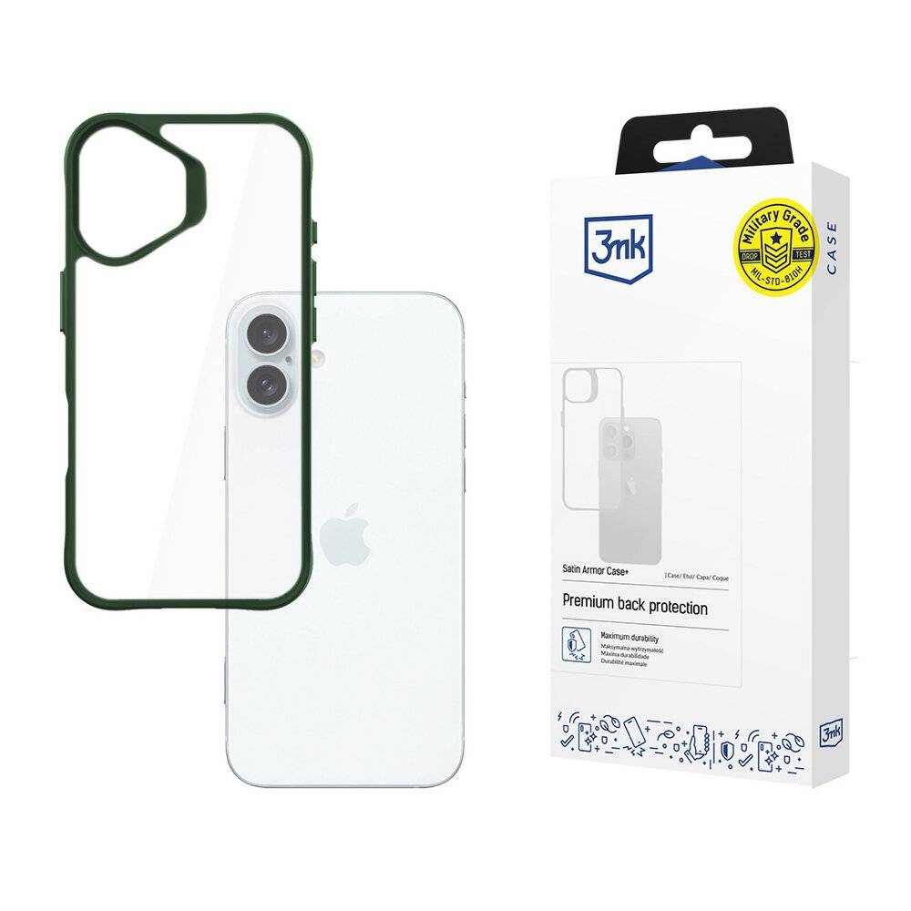 Transparente Handyhülle mit grünem Rand neben einem weißen Smartphone und einer Verpackungsschachtel mit „3mk
