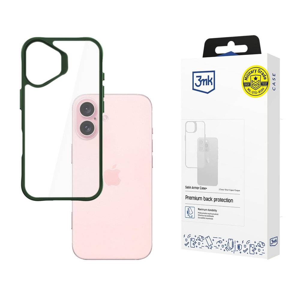3mk Satin Armor Case für iPhone, gezeigt neben der Produktverpackung. Das Case ist transparent mit einem grünen Rand und hebt die „Premium-Rückenschutz