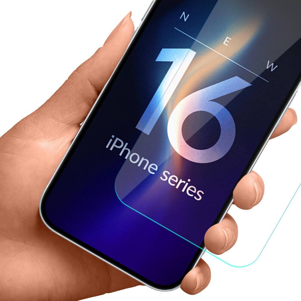 Eine Hand, die ein Smartphone hält, auf dem der Text „iPhone 16 Serie