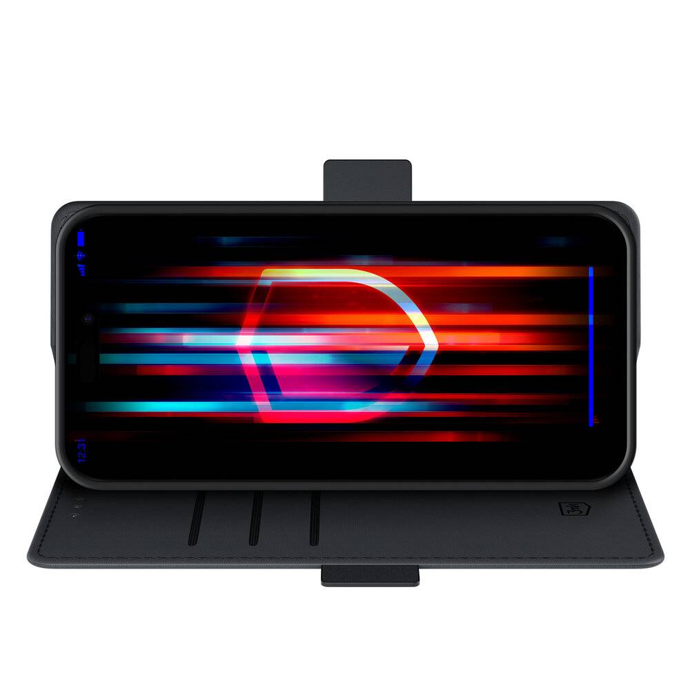 Ein Smartphone in einer Schutzhülle zeigt ein farbenfrohes, abstraktes digitales Bild mit horizontalen Streifen und einem zentralen Sechseck auf dem Bildschirm.