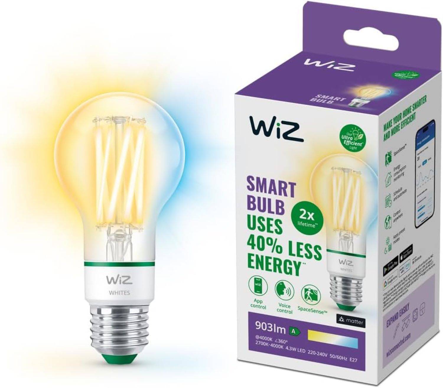WiZ Smarte LED Glühbirne Wi-Fi BLE 60W A60 E27 Einzelpack Transparent