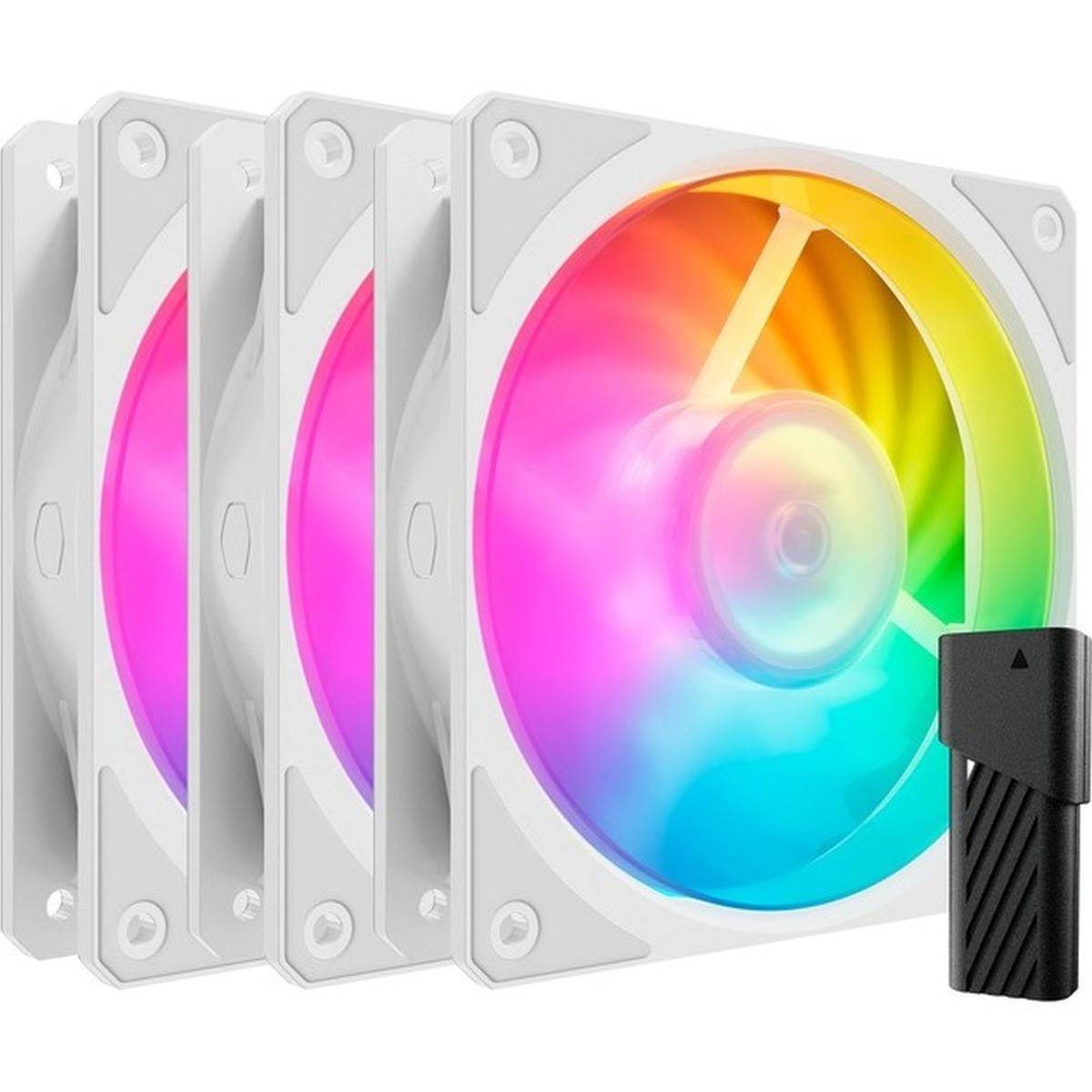 Drei weiße Computerlüfter mit LED-Beleuchtung im Regenbogenlicht, zusammen mit einer Fernbedienung.