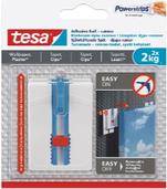 Verpackung für Tesa-Klebehaken für Tapeten und Putz, hält bis zu 2 kg. Enthält einfache Anleitungen zum Anbringen/Entfernen und Produktabbildung.