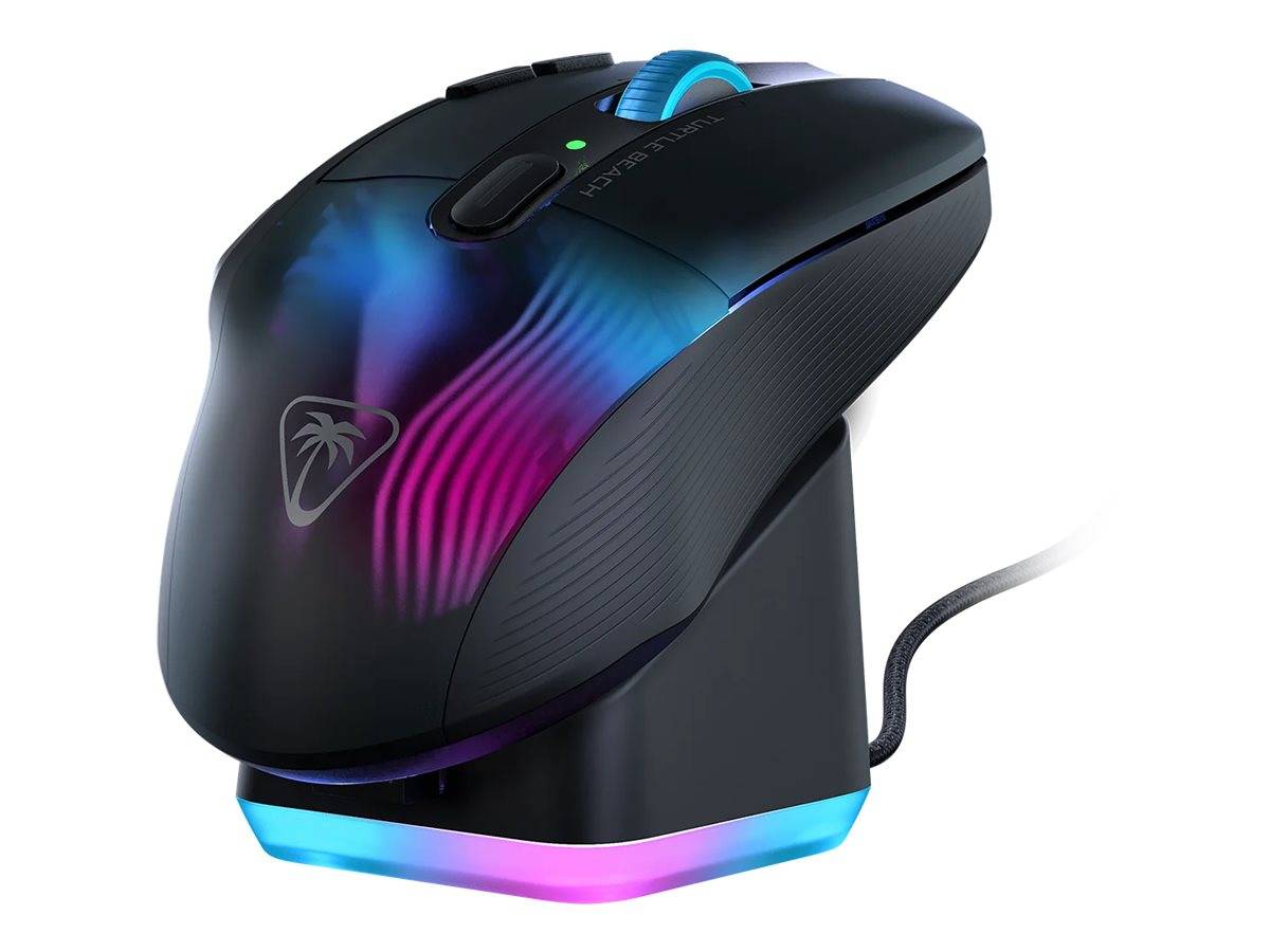 Eine Gaming-Maus mit schlankem Design, RGB-Beleuchtung und einer Ladestation, die ein Palmsymbol und ein strukturiertes Scrollrad zeigt.