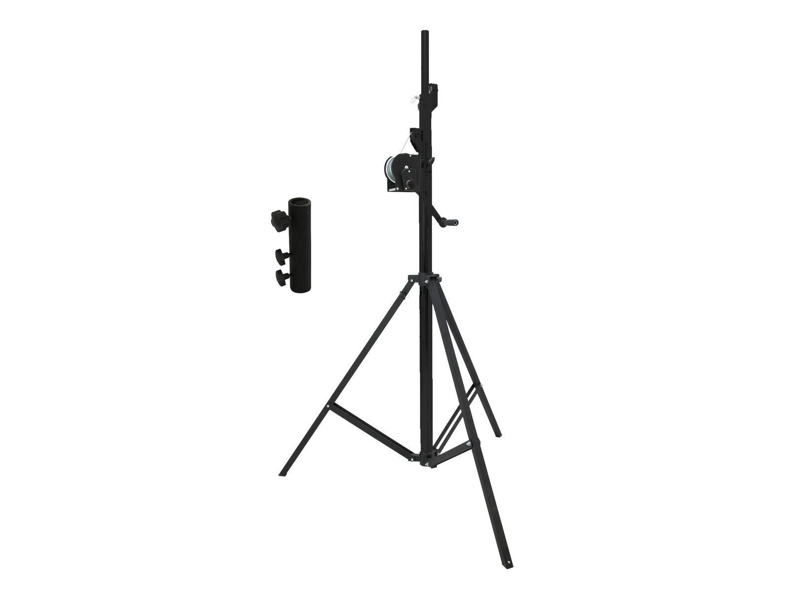 Ein schwarzer Dreibein-Beleuchtungsständer mit verstellbarer Höhe und Metallrahmen, dargestellt mit einem separaten Zubehör-Halterungshalter daneben.