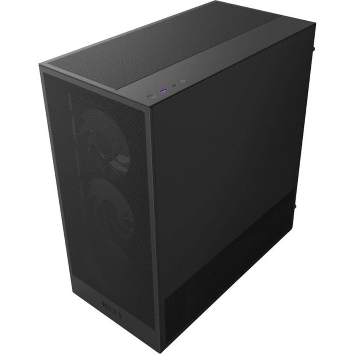 Ein elegantes schwarzes Computergehäuse mit minimalistische Designelemente, ausgestattet mit einem vorderen Mesh-Panel für Luftzirkulation und einem Einschaltknopf oben.