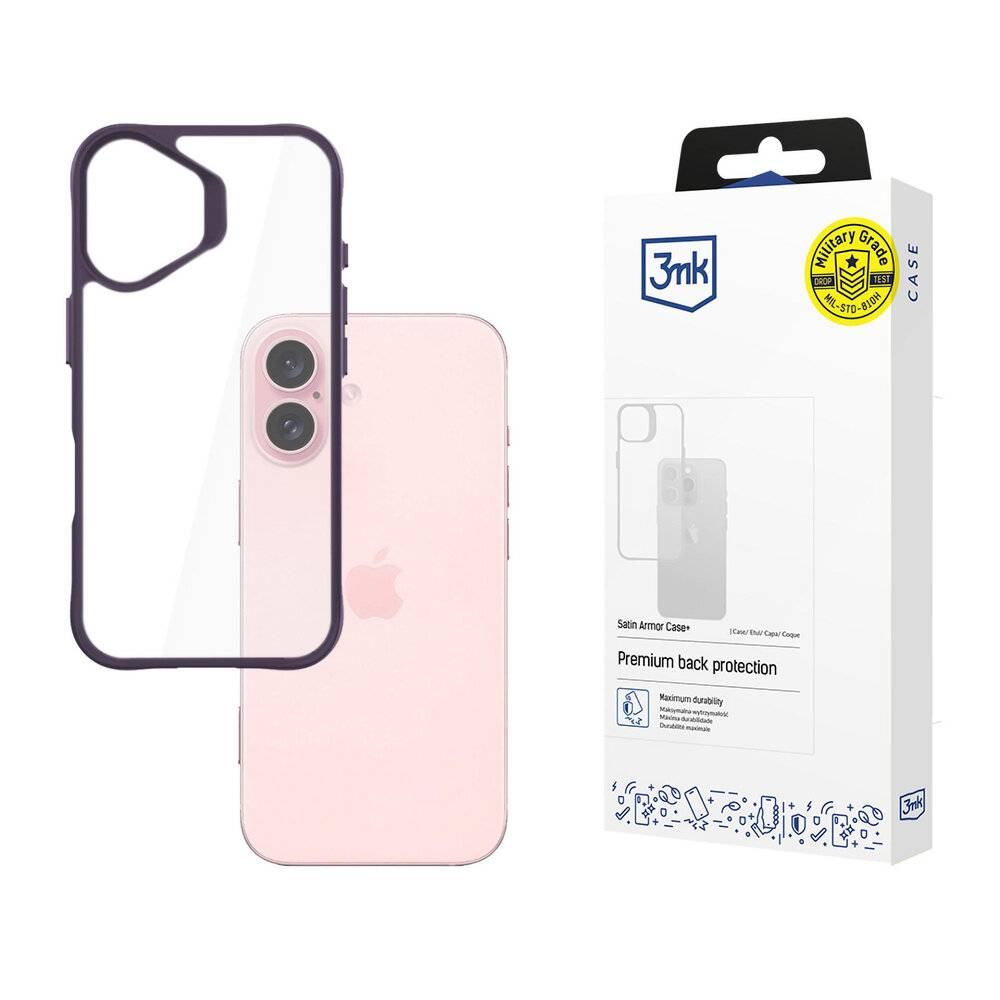 Ein transparentes Smartphone-Gehäuse neben einem rosa Telefon und seiner Verpackung mit der Beschriftung „3mk