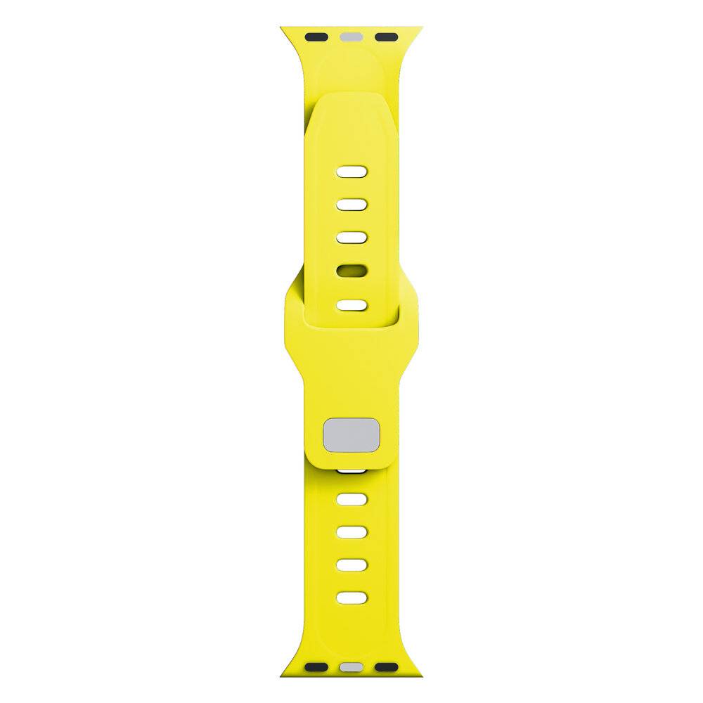 Ein gelbes Uhrenarmband mit einer Metallschließe und mehreren Verstellungslöchern, entwickelt für eine Smartwatch.