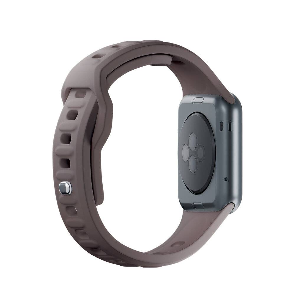 Eine graue digitale Armbanduhr mit einem dunklen runden Sensor auf der Rückseite, entwickelt für Fitness-Tracking, mit einem flexiblen, perforierten Armband.
