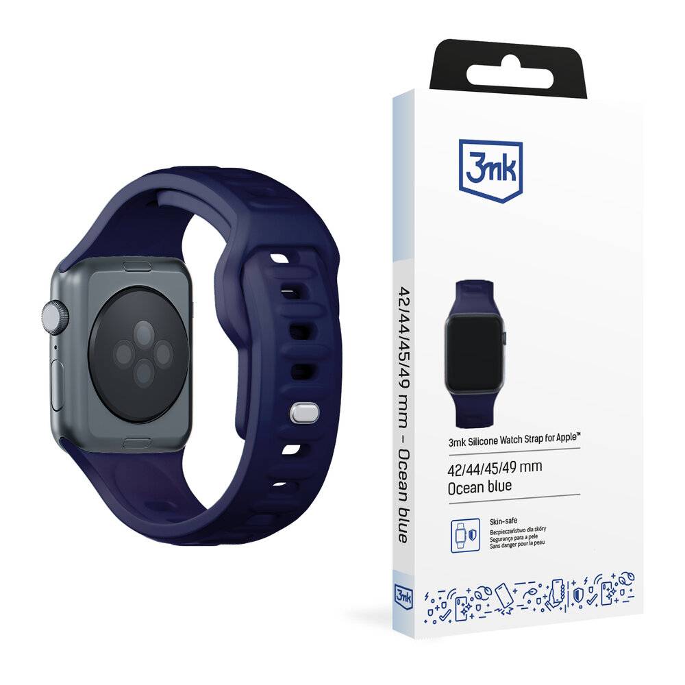 Marineblaues Silikonarmband für Apple Watch, präsentiert mit Verpackung mit der Aufschrift „42/44/45/49 mm - Ozeanblau