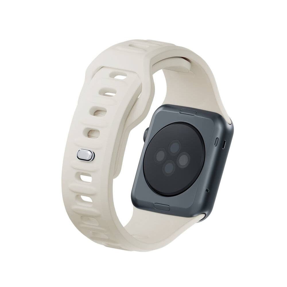 Eine Smartwatch mit weißem verstellbarem Armband, ausgestattet mit einem quadratischen schwarzen Display und einem Sensor auf der Rückseite, entwickelt zur Verfolgung von Fitnessdaten.