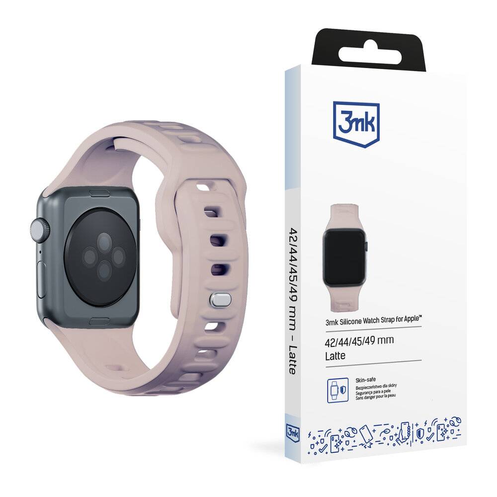Rosa Silikon-Uhrenarmband für Apple Watch in den Größen 42/44/45/49 mm, mit Verpackung mit Produktabbildung und der Marke „3mk