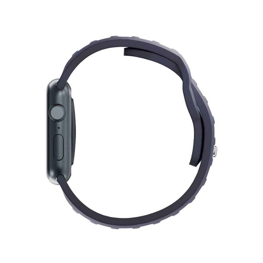 Eine Seitenansicht einer Smartwatch mit schwarzem Armband, die sein schlankes Profil und die digitale Krone auf der linken Seite zeigt.