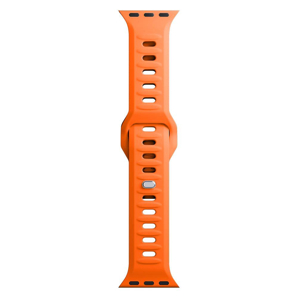 Ein orangenes Smartwatch-Armband mit verstellbaren Schlitzen, schwarze Akzente aufweisend, speziell für Outdoor- und Sportaktivitäten konzipiert.