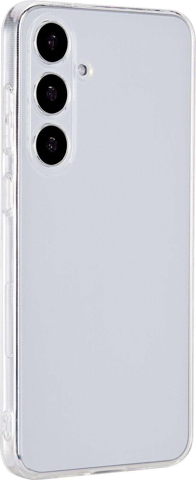 Rückansicht eines silbernen Smartphones mit drei vertikal angeordneten rückwärtigen Kameras und einem Blitz, dargestellt in einer klaren Schutzhülle.