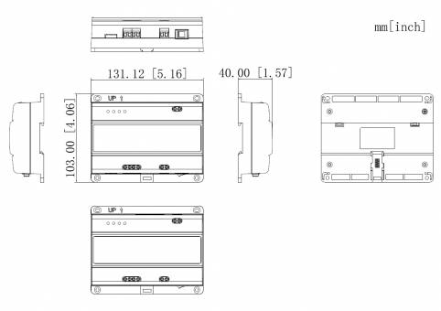 Technisches Dimensionsdiagramm eines rechteckigen elektrischen Geräts mit Vorder-, Seiten- und Rückansichten mit Abmessungen in mm und Zoll: 131,12 x 103,00 x 40,00.