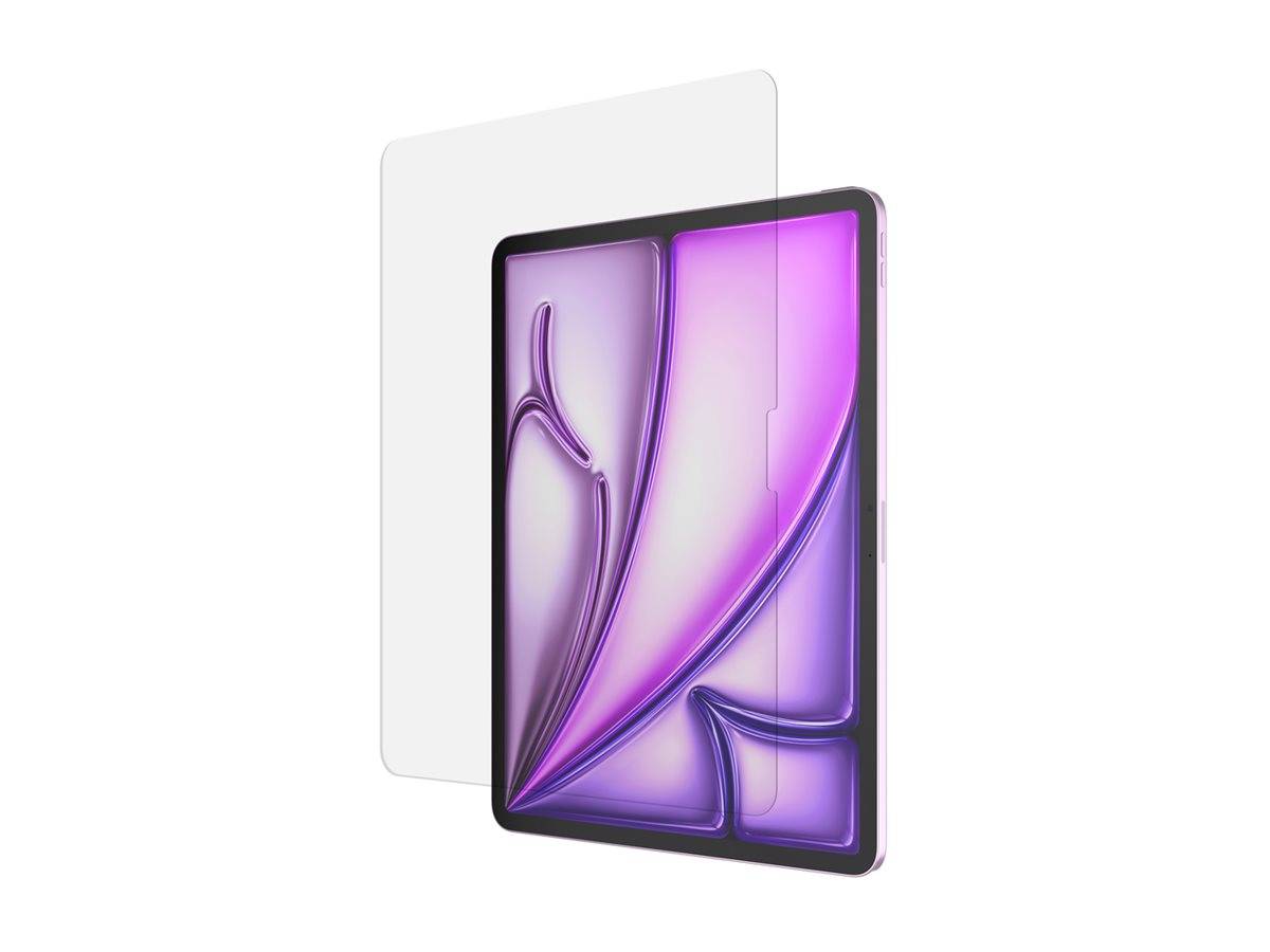 Violettes Tablet-Gerät von vorne und hinten mit einer transparenten Schutzhülle dahinter auf weißem Hintergrund.