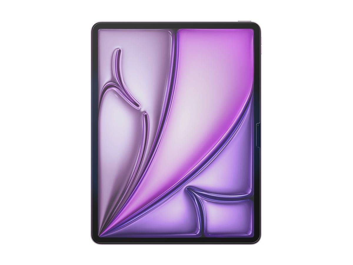 Frontansicht eines schwarz gerahmten Tablets mit einem violetten abstrakten Wellen-Hintergrundbild auf weißem Hintergrund.