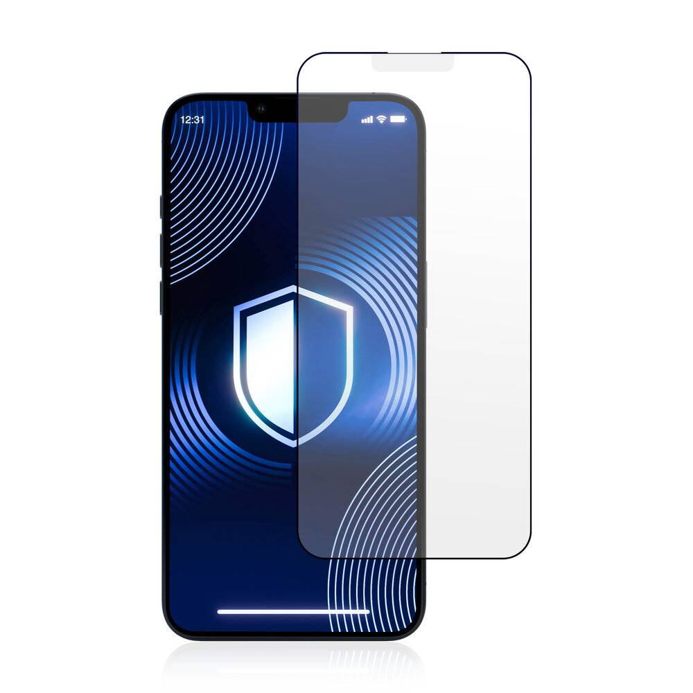 Smartphone mit einem blauen abstrakten Kreismuster auf dem Bildschirm, das ein Schildsymbol zeigt. Ein Glasbildschirmschutz ist daneben positioniert.