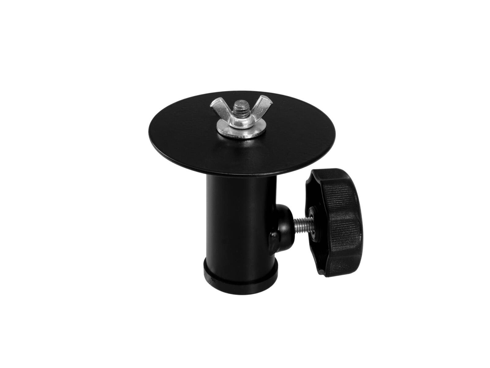 Eine schwarze Montageklammer mit einer kreisförmigen Basis, ausgestattet mit einem verstellbaren Drehknopf und einer Flügelmutter oben zum Befestigen von Zubehör.