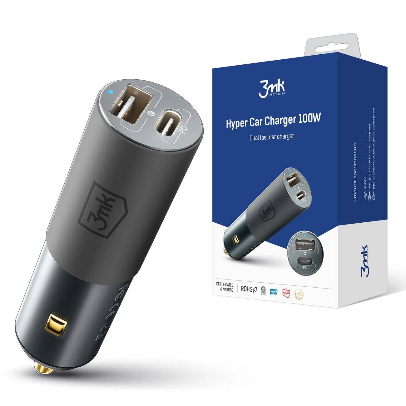 3mk Hyper Autoladegerät USB-C USB-A 100W – Silber