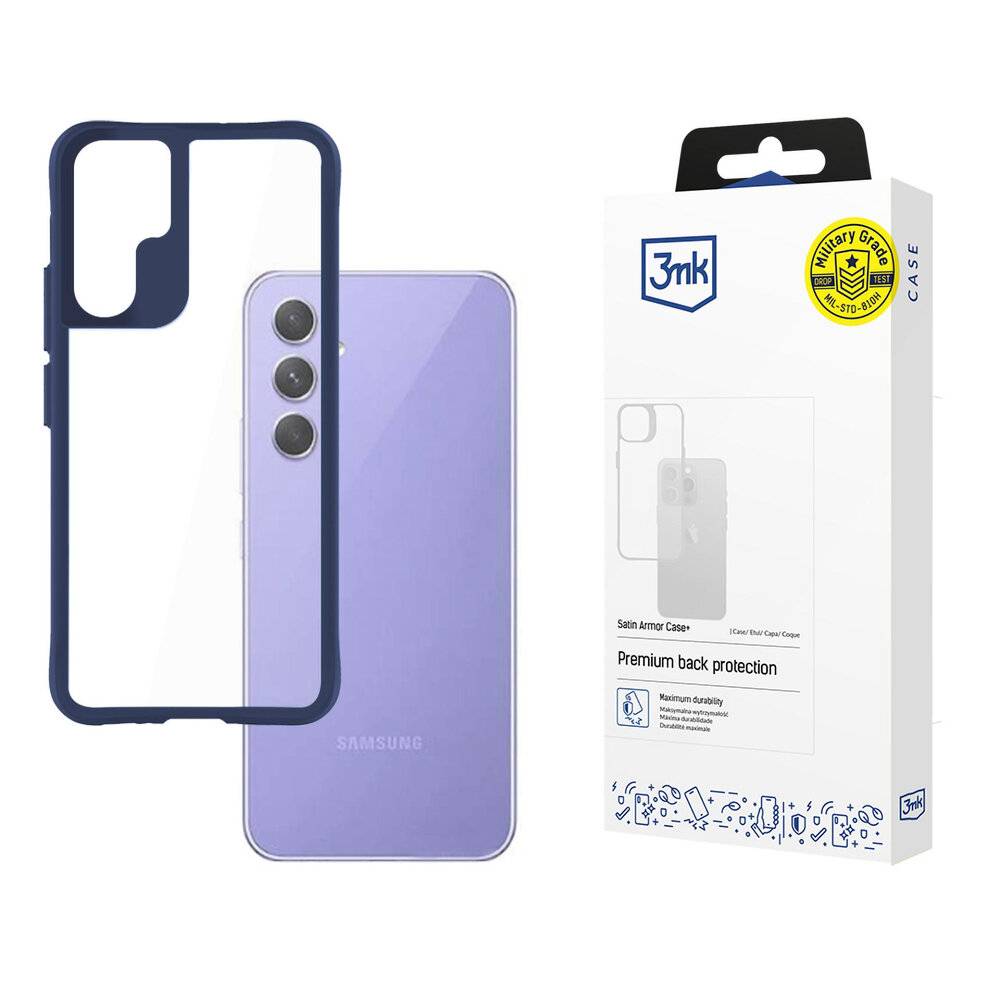 Ein Handyhülle und eine Verpackung neben einem violetten Smartphone. Die Handyhülle hat einen blauen Rand und ist transparent, sodass die Farbe des Telefons zu sehen ist.
