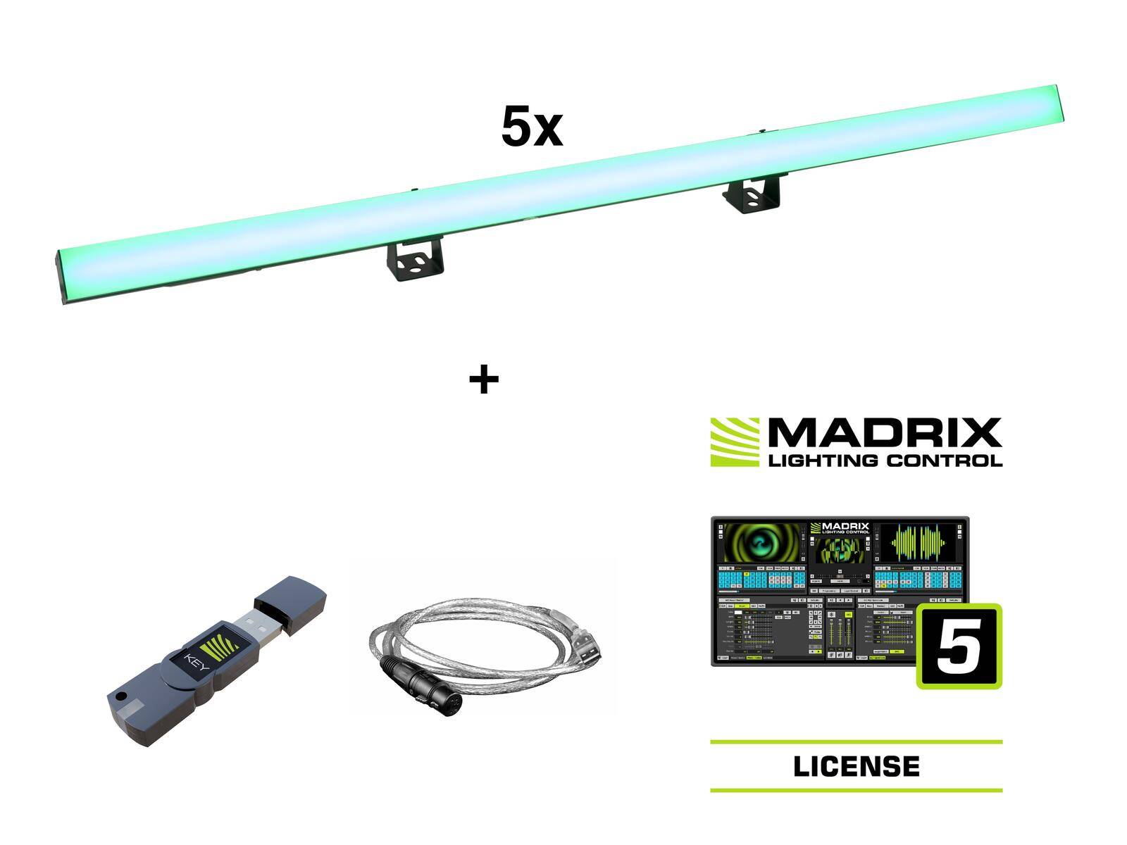 5er-Set LED-Leuchtenleiste mit Madrix-Beleuchtungssteuerung, USB-Dongle und Kabel.