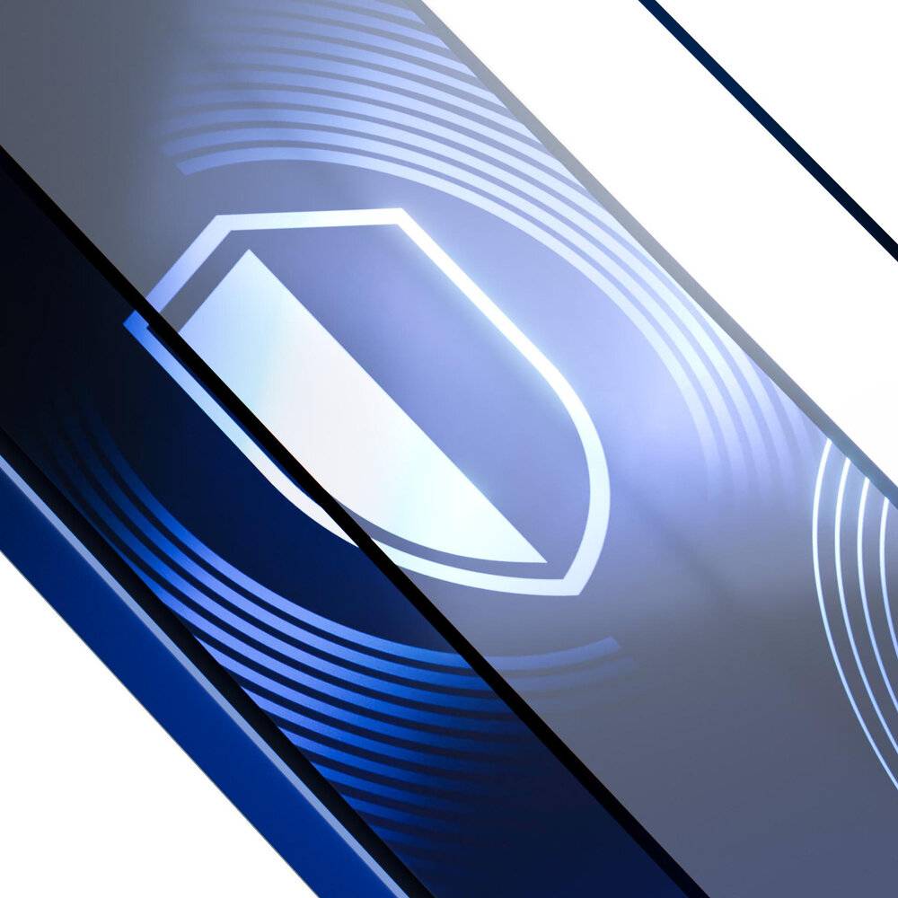 Ein blauer Schild mit weißem Inneren auf einem dynamischen, abstrakten Hintergrund aus wirbelnden Linien und Formen.