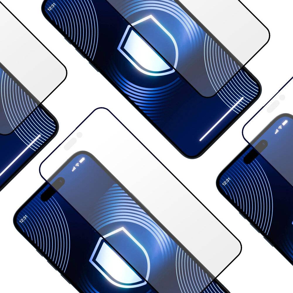 Gehärtete Glasbildschirmschützer mit einem Schild-Symbol sind über Smartphone-Bildschirmen angebracht und deuten auf verbesserte Gerätesicherheit hin.