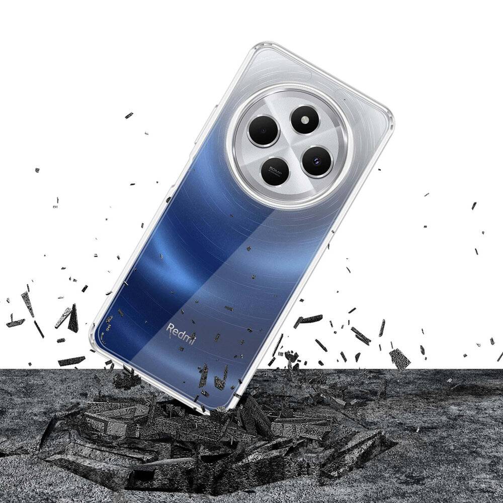 Ein Smartphone mit blauem Farbverlauf auf der Rückseite wird in der Luft schwebend über einer gerissenen Oberfläche gezeigt, was Langlebigkeit und elegantes Design hervorhebt.