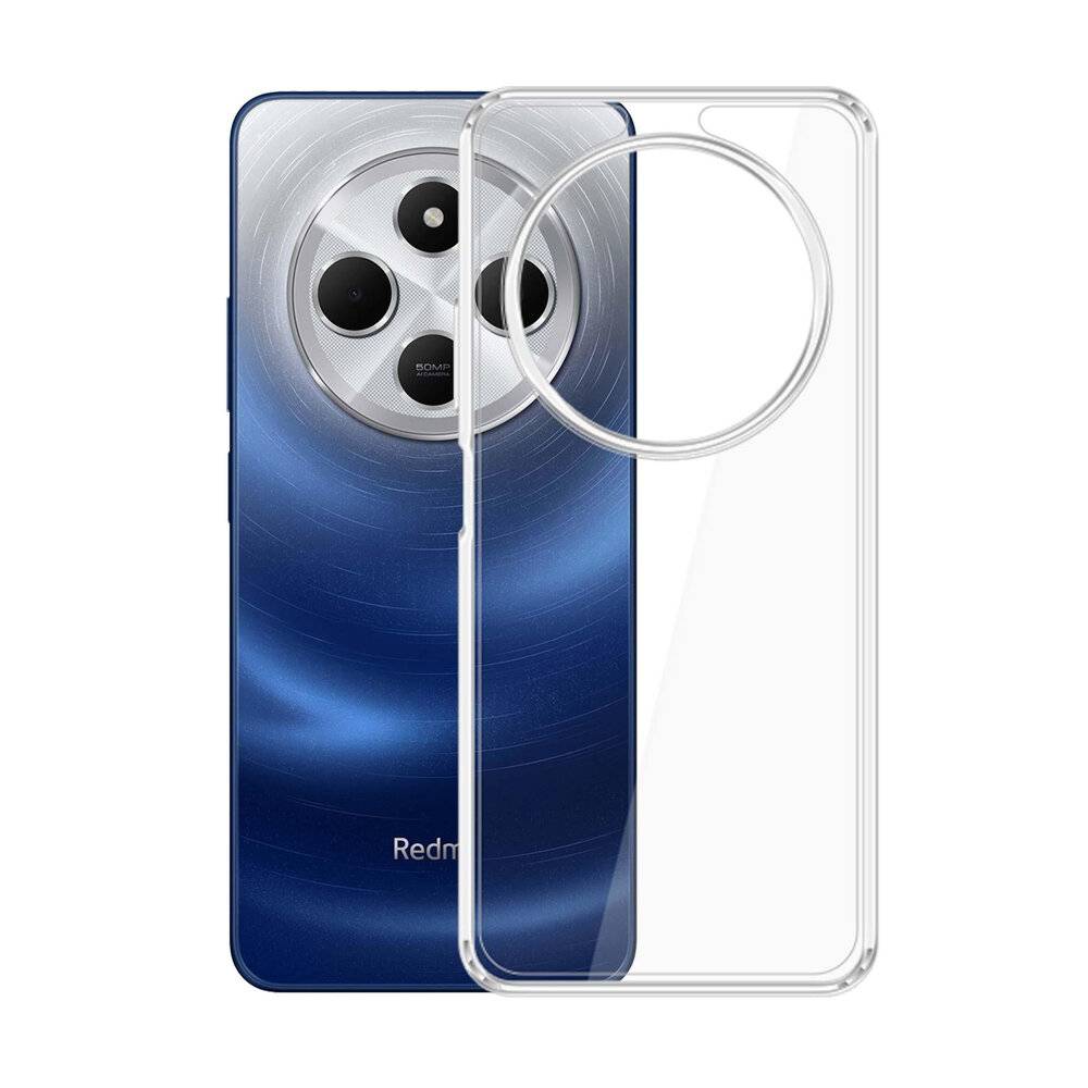 Blaues Smartphone mit kreisförmigem Kameramodul und drei Linsen; transparente Hülle an der Seite; 